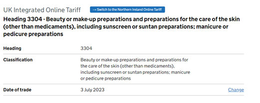 Commodity code for Sun Screen
